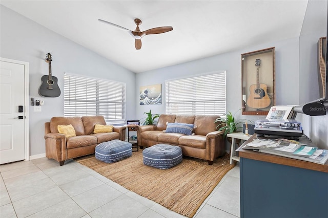 tiled living room featuring vaulted ceiling and ceiling fan