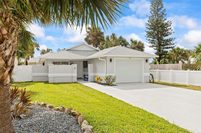 ranch-style home featuring a garage and a front lawn