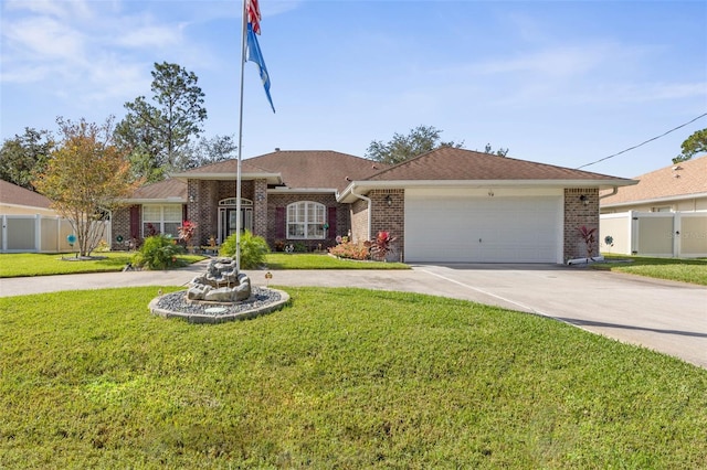 ranch-style house with a garage and a front yard