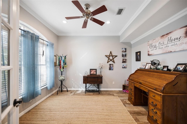 sitting room with crown molding, recessed lighting, visible vents, light wood-style flooring, and baseboards