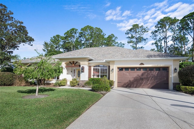 ranch-style house featuring a garage, driveway, a front lawn, and stucco siding