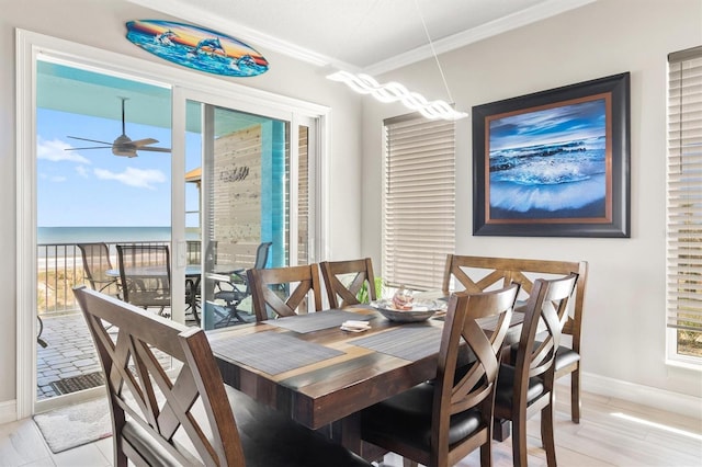 dining room featuring baseboards, ceiling fan, plenty of natural light, and crown molding