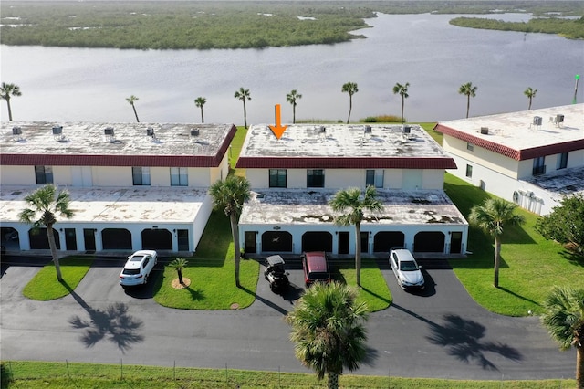 aerial view featuring a water view