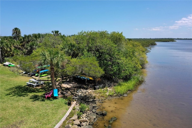 aerial view featuring a water view