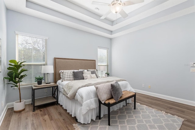 bedroom featuring a tray ceiling, multiple windows, hardwood / wood-style floors, and ceiling fan