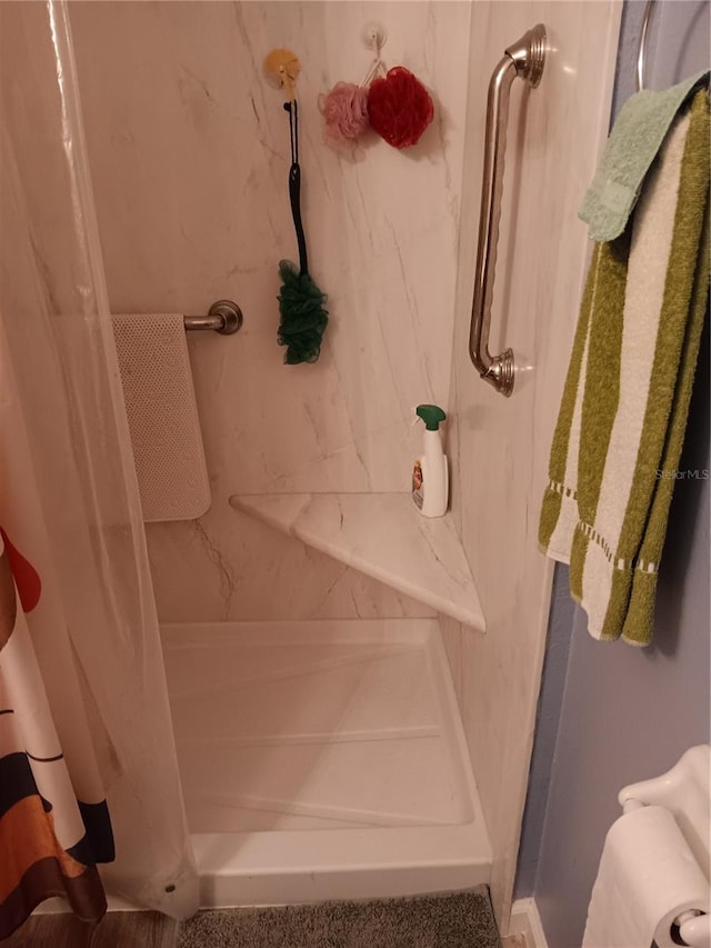 bathroom with a shower with shower curtain