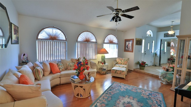 living room with ceiling fan and wood-type flooring