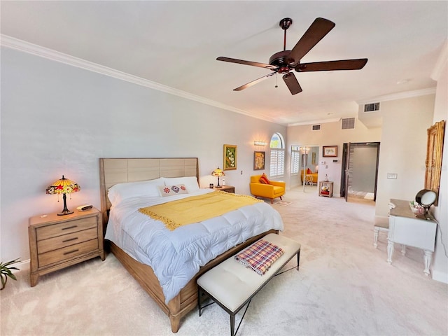 bedroom with ceiling fan, light colored carpet, and ornamental molding