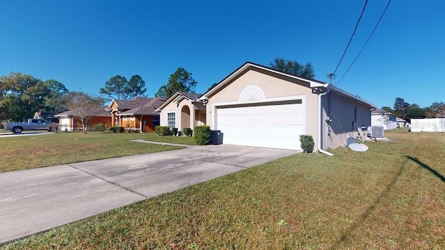 ranch-style house with a front yard and a garage