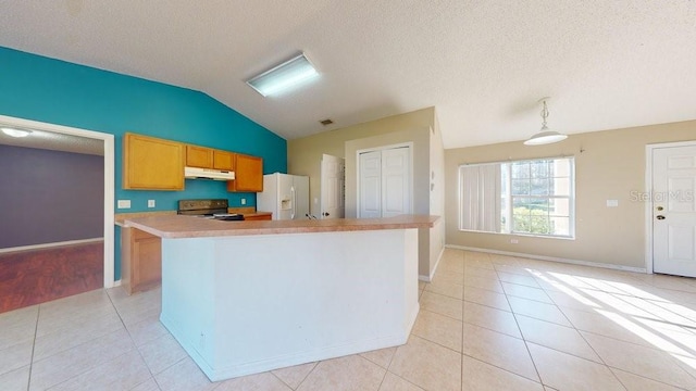 kitchen with a center island, hanging light fixtures, white refrigerator with ice dispenser, stainless steel electric stove, and light tile patterned flooring