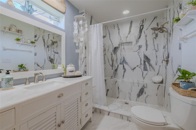 bathroom featuring walk in shower, vanity, and toilet