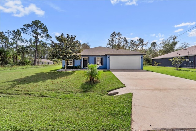 single story home with a garage and a front lawn