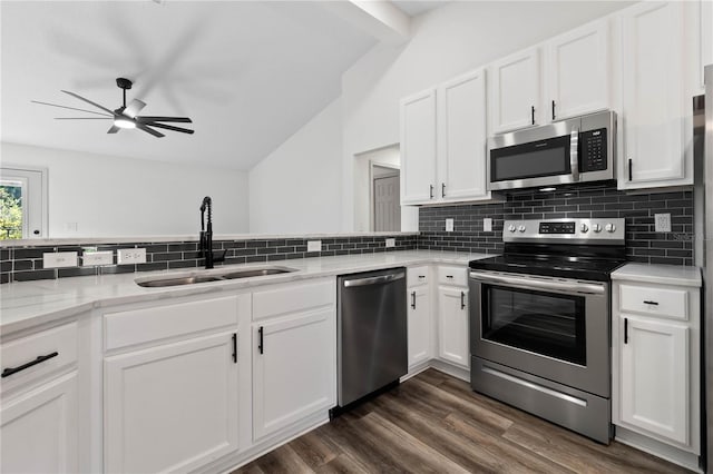 kitchen featuring stainless steel appliances, tasteful backsplash, dark wood-style flooring, and a sink