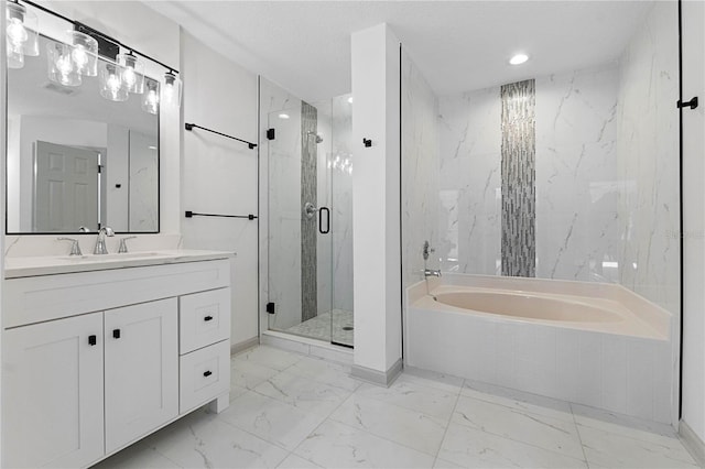 full bathroom featuring marble finish floor, vanity, a marble finish shower, and a bath