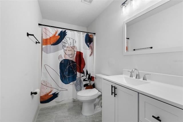 bathroom with a textured ceiling, toilet, visible vents, and vanity