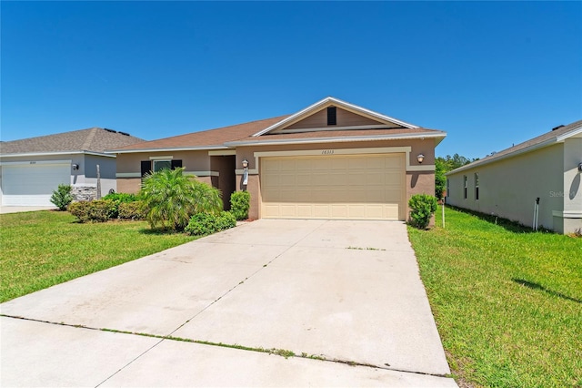 ranch-style house with a front lawn and a garage