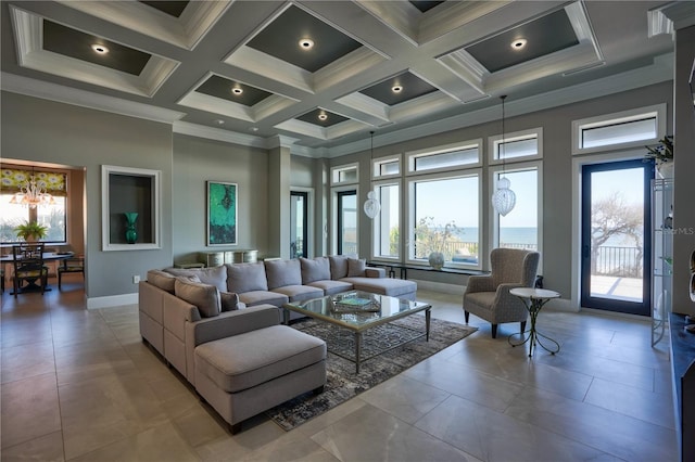 living room with beam ceiling, ornamental molding, a high ceiling, and coffered ceiling