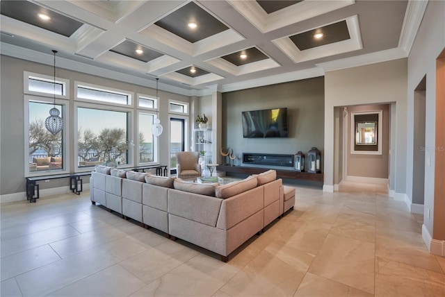 living room with beam ceiling, a towering ceiling, crown molding, and coffered ceiling