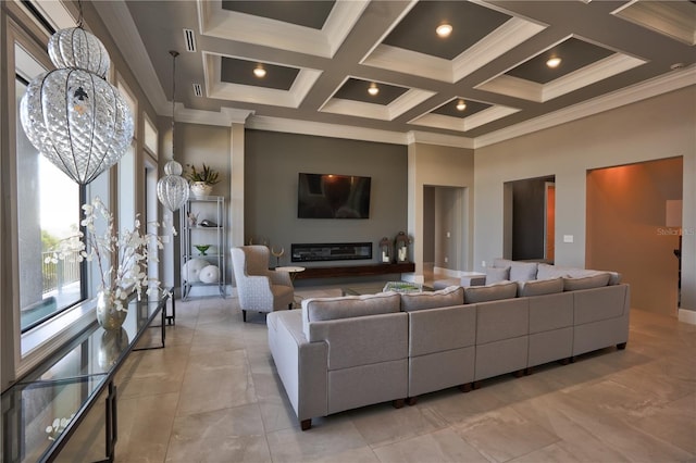 living room featuring ornate columns, coffered ceiling, crown molding, beamed ceiling, and a high ceiling