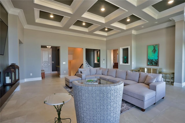 living room featuring beam ceiling, a high ceiling, and coffered ceiling