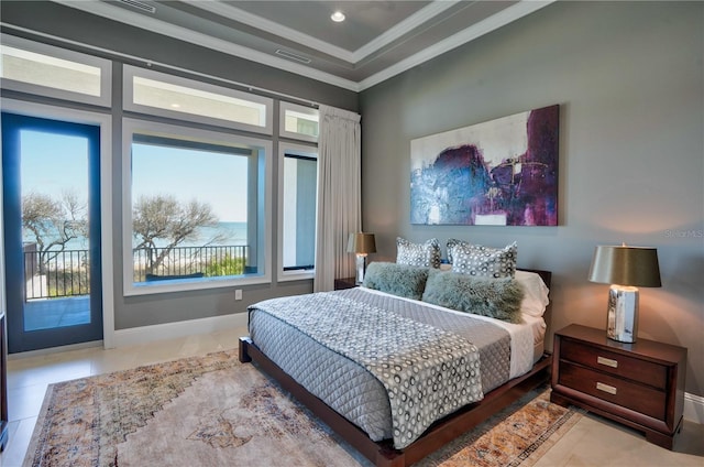 bedroom featuring access to outside, ornamental molding, and light tile patterned flooring