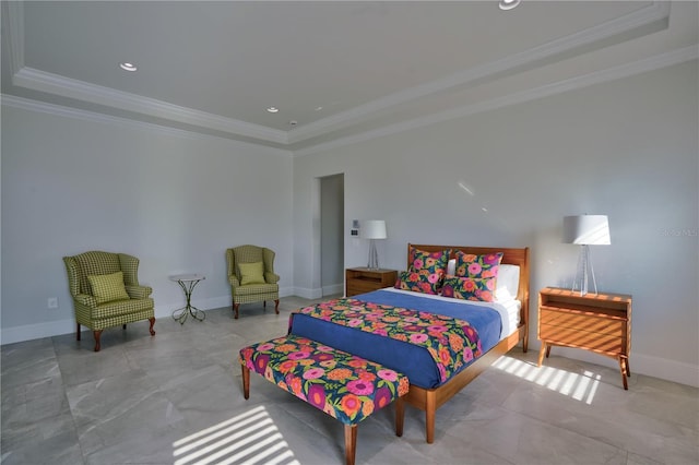 bedroom with a raised ceiling and ornamental molding