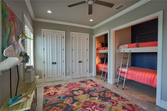 bedroom with ceiling fan, crown molding, and tile patterned flooring