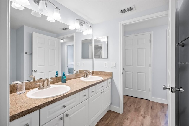 bathroom with vanity and hardwood / wood-style flooring