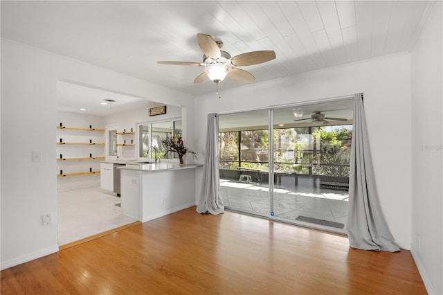 interior space with kitchen peninsula, ceiling fan, sink, light hardwood / wood-style flooring, and white cabinetry