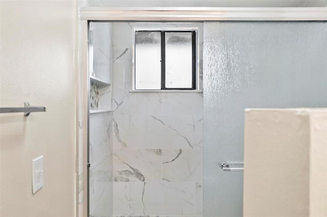 bathroom featuring a shower with shower door