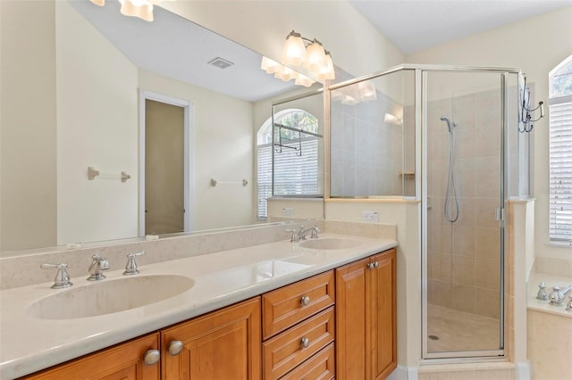 bathroom with vanity and a shower with shower door