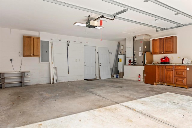 garage with electric panel, a garage door opener, and water heater