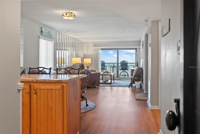 living room featuring a textured ceiling and light hardwood / wood-style flooring