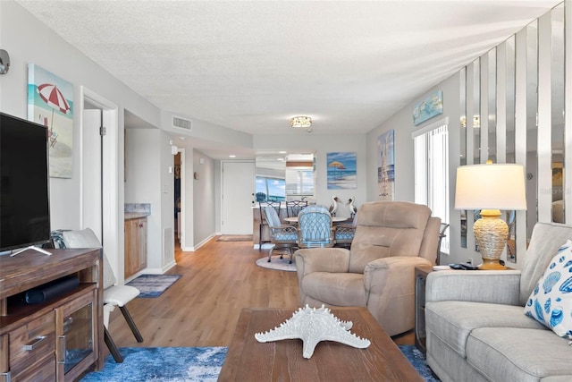 living room featuring a textured ceiling and hardwood / wood-style flooring