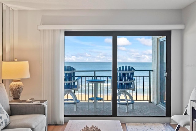 doorway featuring hardwood / wood-style floors, a water view, and a healthy amount of sunlight