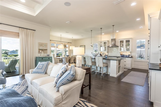 living room featuring dark hardwood / wood-style floors and ornamental molding