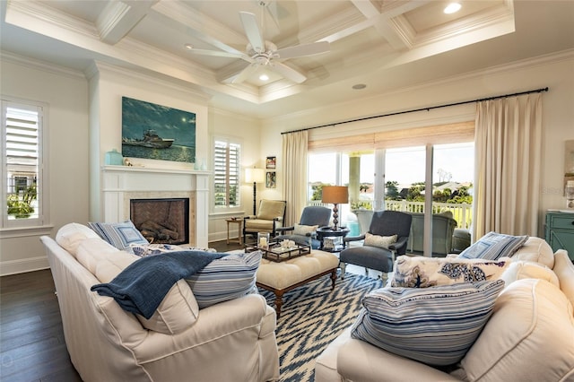 living room with crown molding, coffered ceiling, beamed ceiling, and dark hardwood / wood-style floors