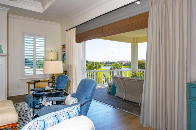 interior space featuring crown molding and hardwood / wood-style flooring