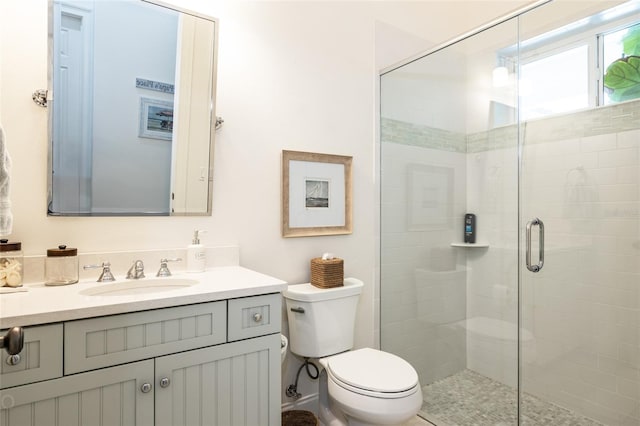 bathroom with vanity, toilet, and a shower with door