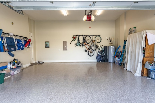 garage with electric panel, water heater, and a garage door opener