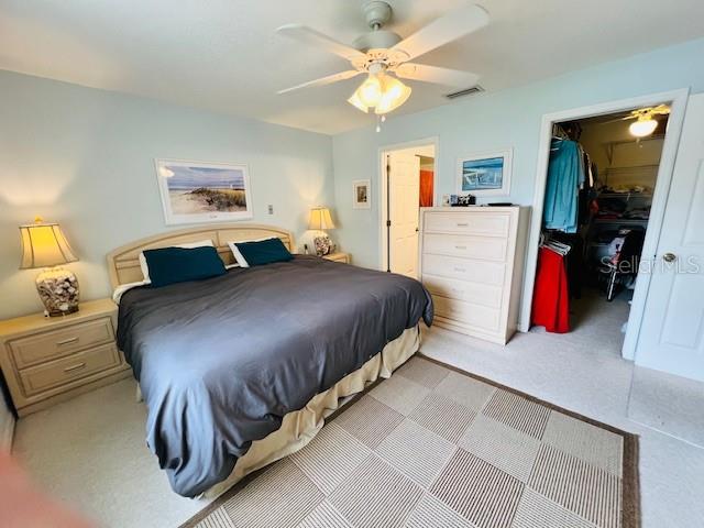 bedroom featuring a walk in closet, ceiling fan, and a closet