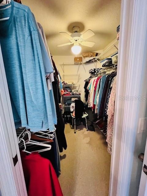 walk in closet with carpet flooring and ceiling fan