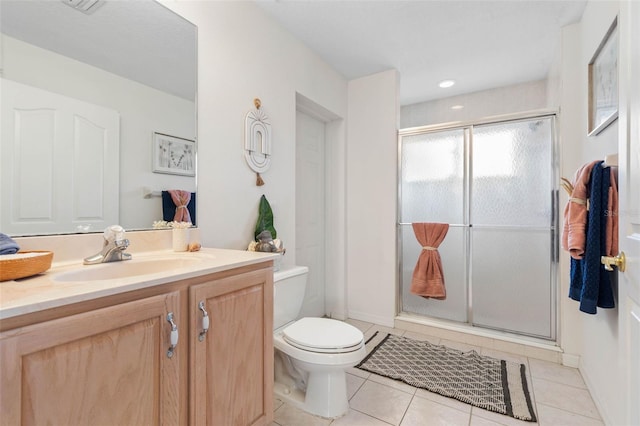 bathroom with tile patterned flooring, vanity, toilet, and an enclosed shower