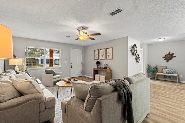 living room featuring light hardwood / wood-style floors, ceiling fan, and a textured ceiling