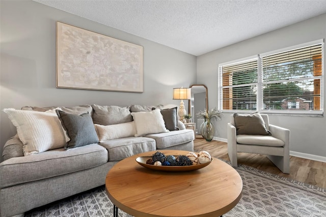 living room with hardwood / wood-style floors and a textured ceiling