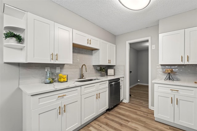 kitchen featuring light hardwood / wood-style floors, white cabinetry, sink, dishwasher, and decorative backsplash