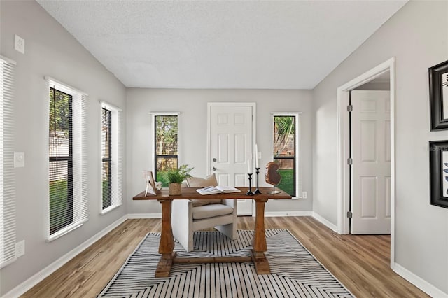 dining space featuring light hardwood / wood-style flooring and a textured ceiling