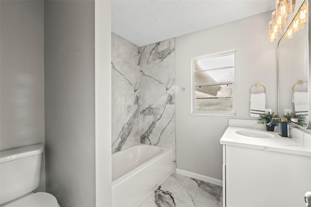 full bathroom featuring shower / tub combination, vanity, toilet, and a textured ceiling