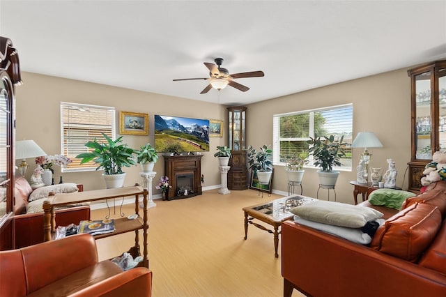 living room featuring ceiling fan