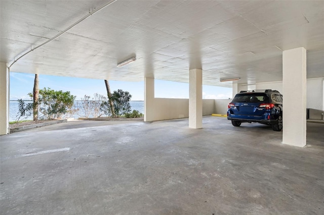 garage with a water view